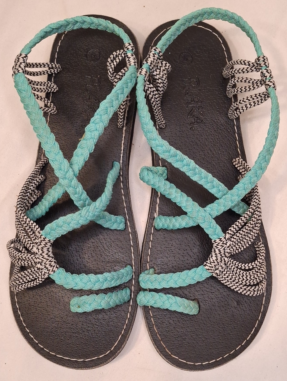 Plaka Women’s Intricate Braided Strappy Sandals in Teal and Black